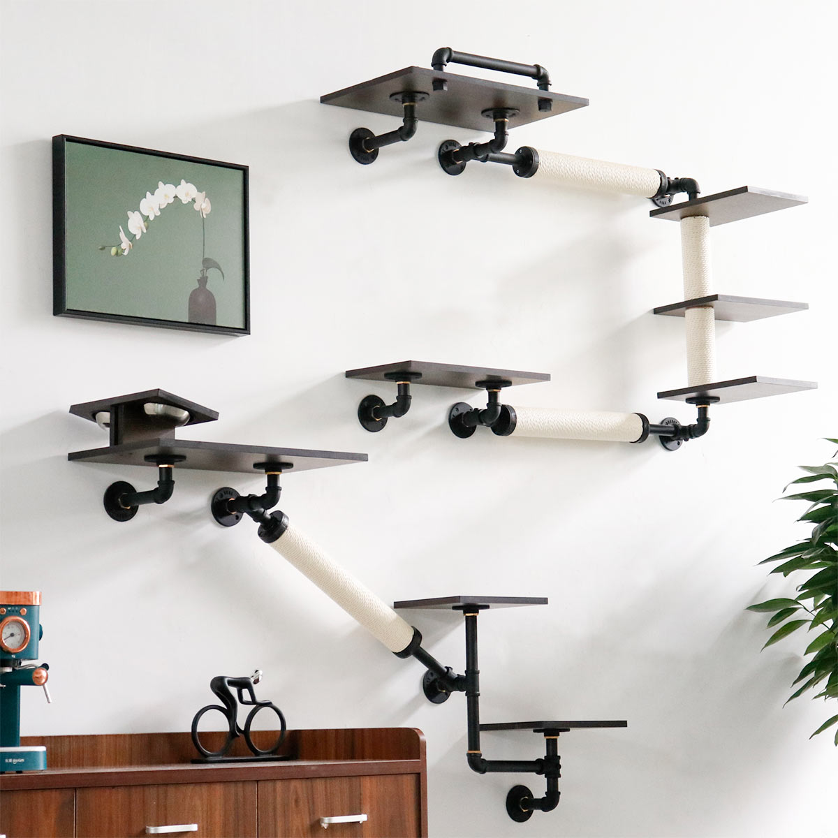 Modern Luxury Industrial Wall-Mounted Cat Shelves Set | Smoky Rubberwood