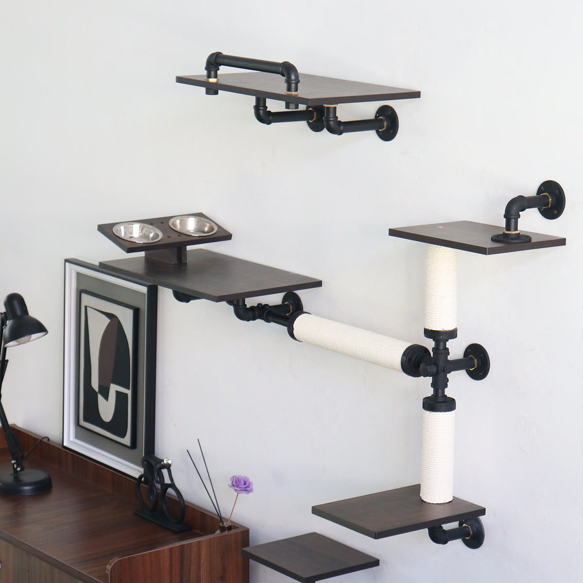 Smoky Rubber Wood Cat Shelves | Modern Minimalist Wall-Mounted Cat Tree | Bundle Set