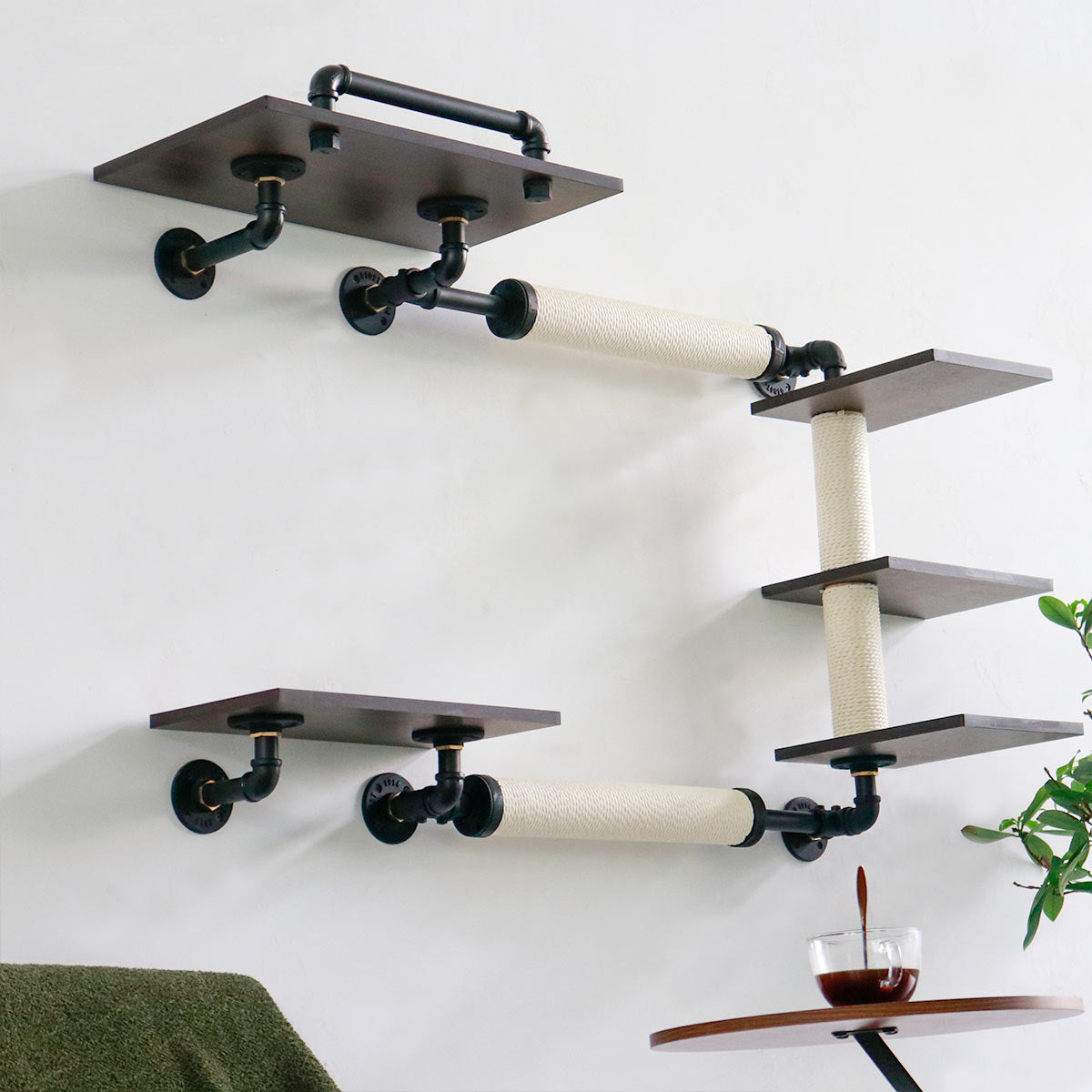 Cat Wall Shelves Set | Cat Perch & Cat Steps | Smoky Rubberwood