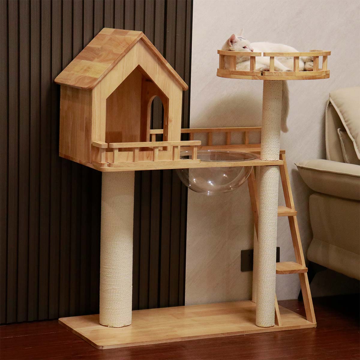 Árbol para gatos de madera de caucho, torre para gatos 88*40*107cm