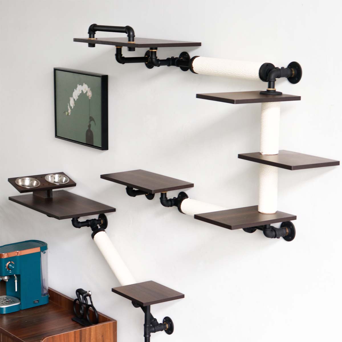 Modern Luxury Industrial Wall-Mounted Cat Shelves Set | Smoky Rubberwood
