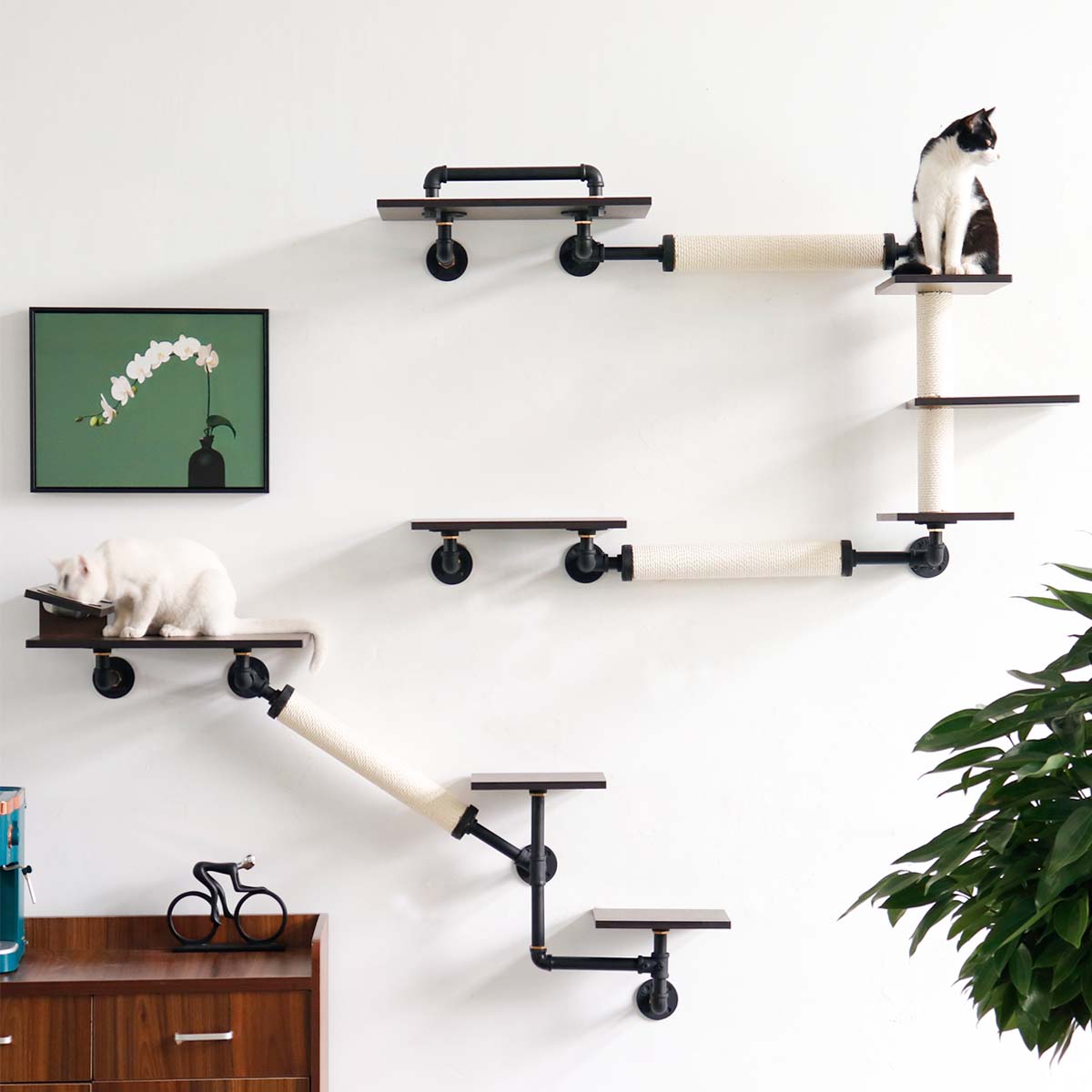 Modern Luxury Industrial Wall-Mounted Cat Shelves Set | Smoky Rubberwood