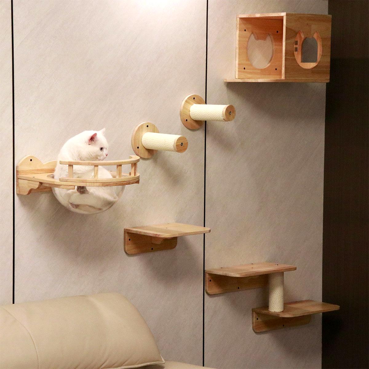 PETOMG Cat Shelf Wall, Cat Climbing Wall, DIY Cat Shelves | Cat Wall Mounted Set | Rubberwood