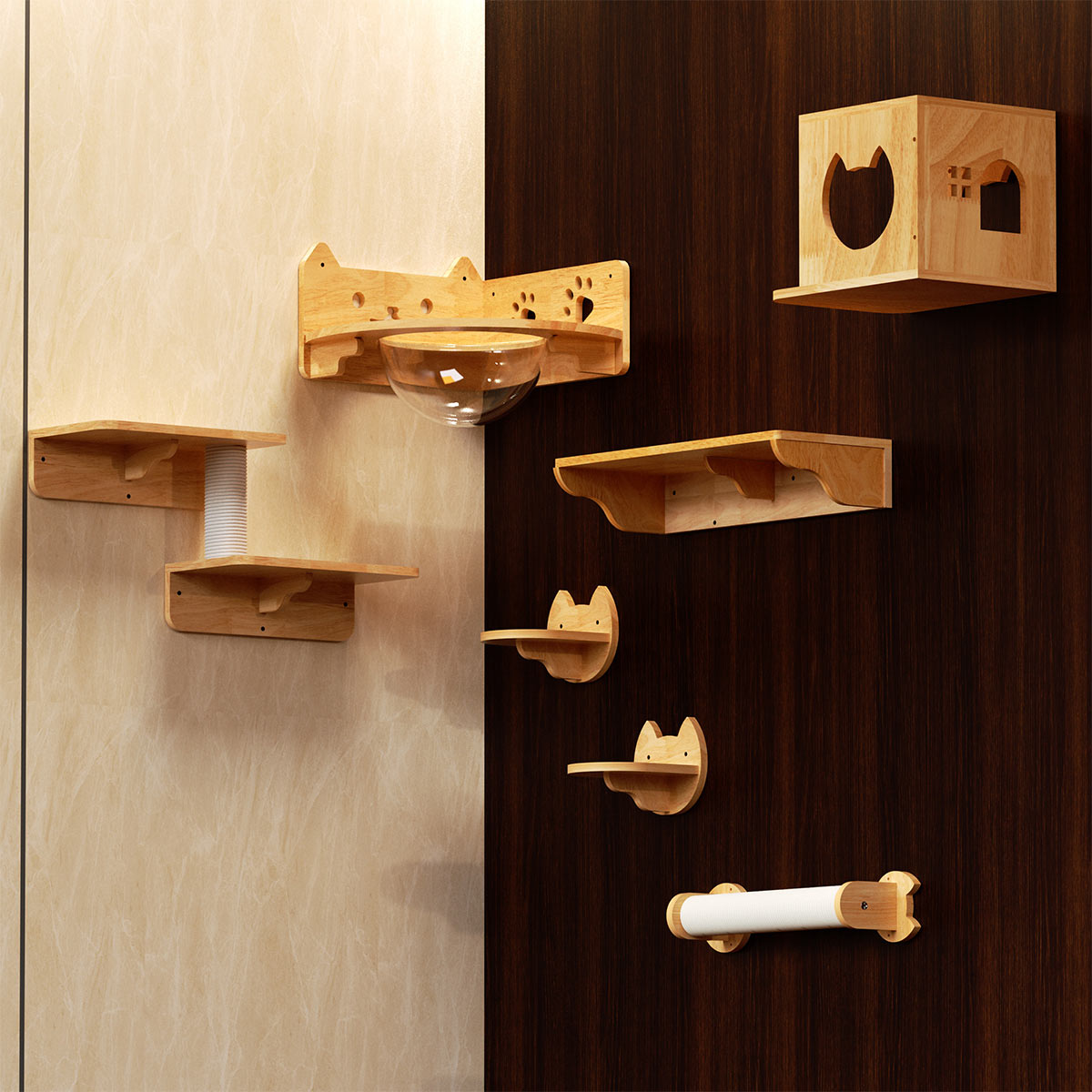 PETOMG Cat Shelves, Rubberwood DIY Cat Shelves| Cat Wall Mounted Set ... - Cat Wall Mounted Storage Using Reclaimed Wood