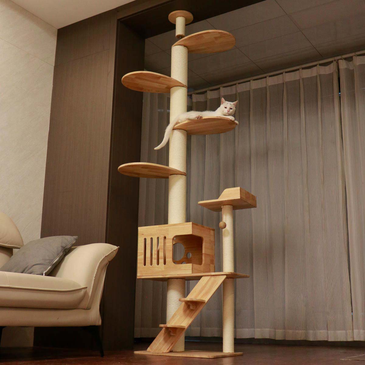 Floor to Ceiling Cat Tree | Solid Rubberwood Build | Long-Lasting Style & Strength