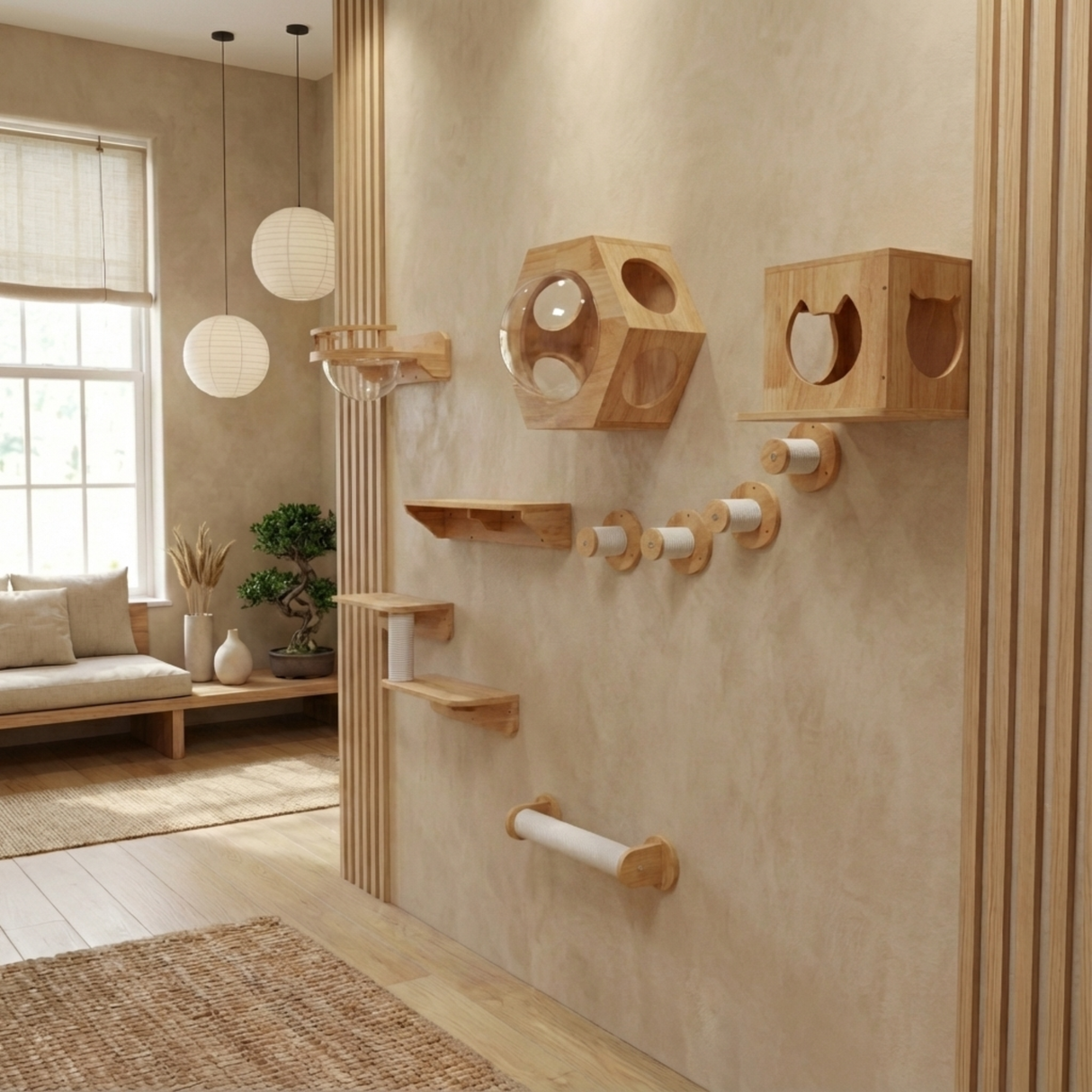 Hexagon Cat Shelf Set, Cat Wall Furniture for Large Cats | Rubber Wood