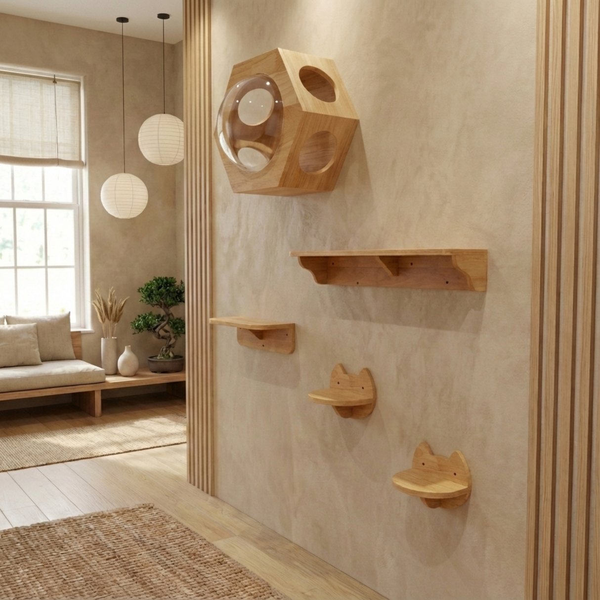 Hexagon Cat Shelf Set(Wall Mounted) | Rubber Wood