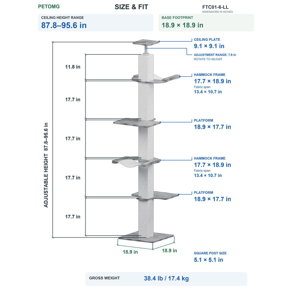 PETOMG Árbol para Gatos de Piso a Techo, Madera de Caucho, sin Perforaciones, Altura Ajustable (230 cm - 280 cm)