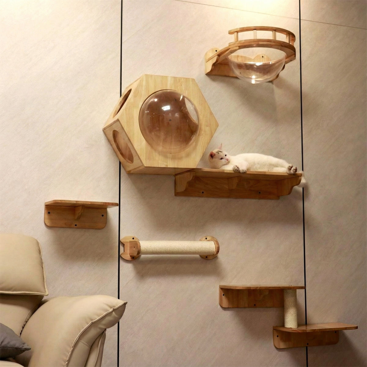 Hexagonal Wall-Mounted Cat Furniture Set | Stylish Modular Design | Sturdy Sisal Scratching Post | Ideal for Multi-Cat Homes