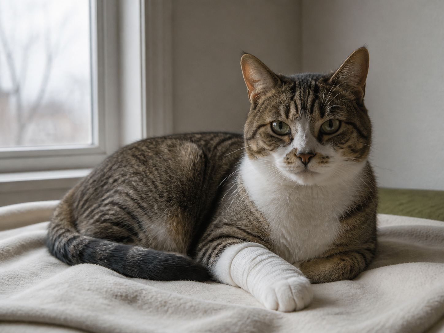 A cat recovering at home with a bandaged paw