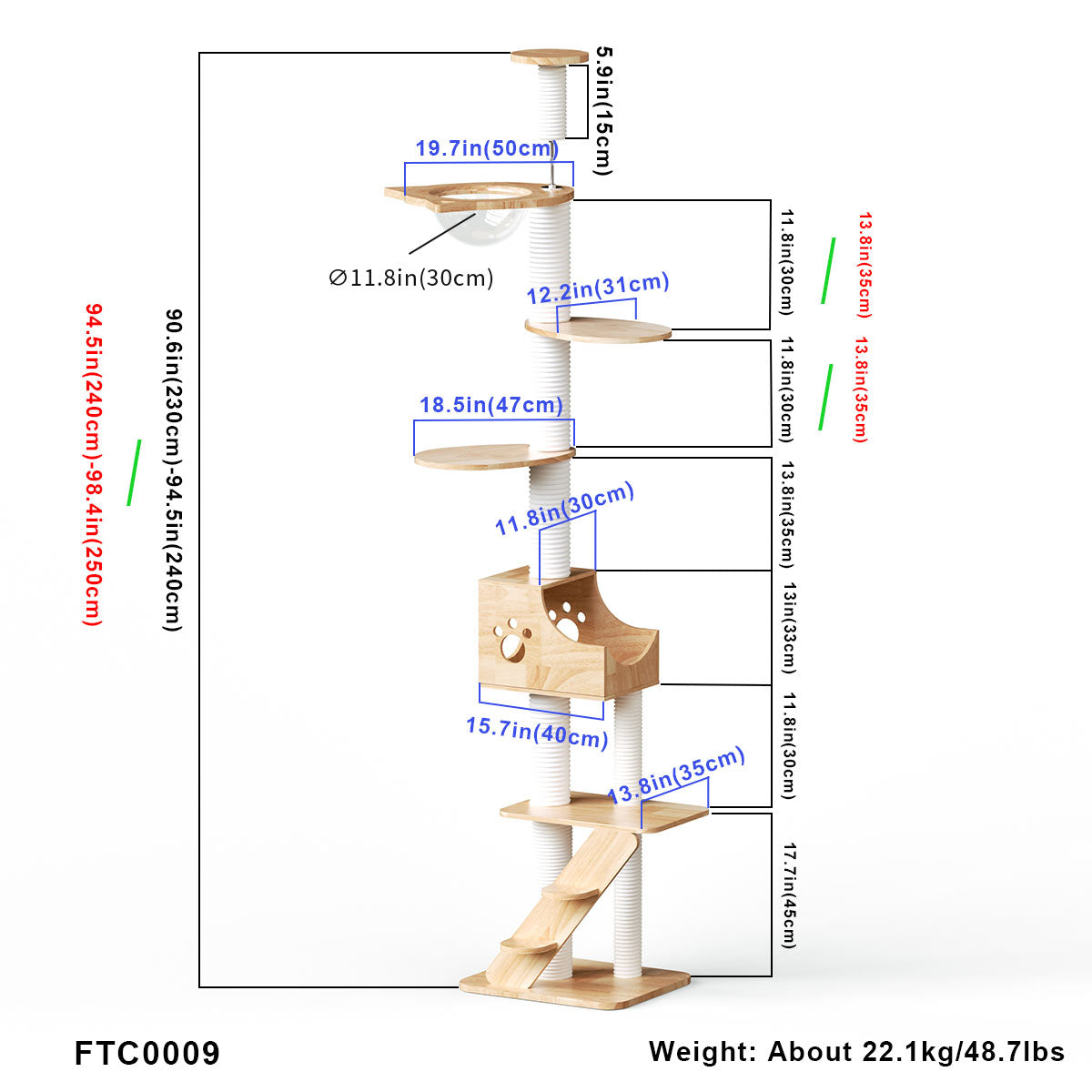 PETOMG Rubber Wood Floor to Ceiling Cat Tree, No Drilling, Adjustable Height(90.6'' - 110.2'')