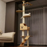 PETOMG Rubber Wood Floor to Ceiling Cat Tree, No Drilling, Adjustable Height(90.6'' - 110.2'')