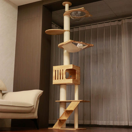 PETOMG Árbol para Gatos de Madera de Goma del Piso al Techo, sin Perforaciones, Altura Ajustable (230 cm - 280 cm)