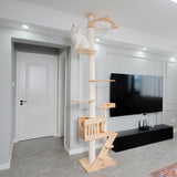 PETOMG Cat Tree Floor to Ceiling, Rubber Wood, No Drilling, Adjustable Height(89.4'' - 109'')