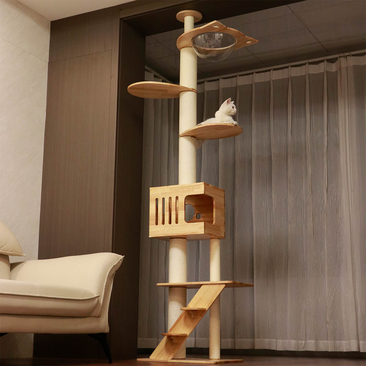 PETOMG Rubber Wood Cat Tree Floor to Ceiling, No Drilling, Adjustable Height (90.6'' - 110.2'')