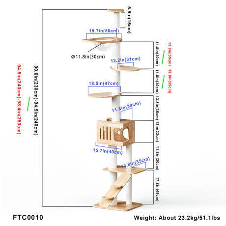 PETOMG Árbol para Gatos de Madera de Goma del Piso al Techo, sin Perforaciones, Altura Ajustable (230 cm - 280 cm)