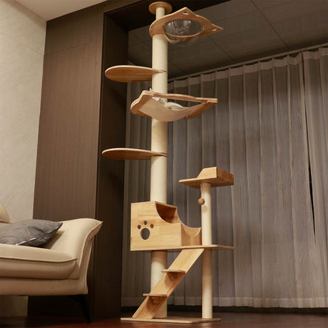 PETOMG Floor to Ceiling Cat Tree, Rubber Wood, No Drilling, Adjustable Height (89.4'' - 109'')