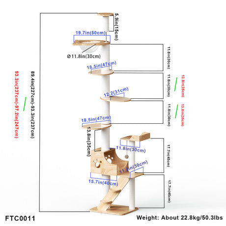 PETOMG Floor to Ceiling Cat Tree, Rubber Wood, No Drilling, Adjustable Height (89.4'' - 109'')