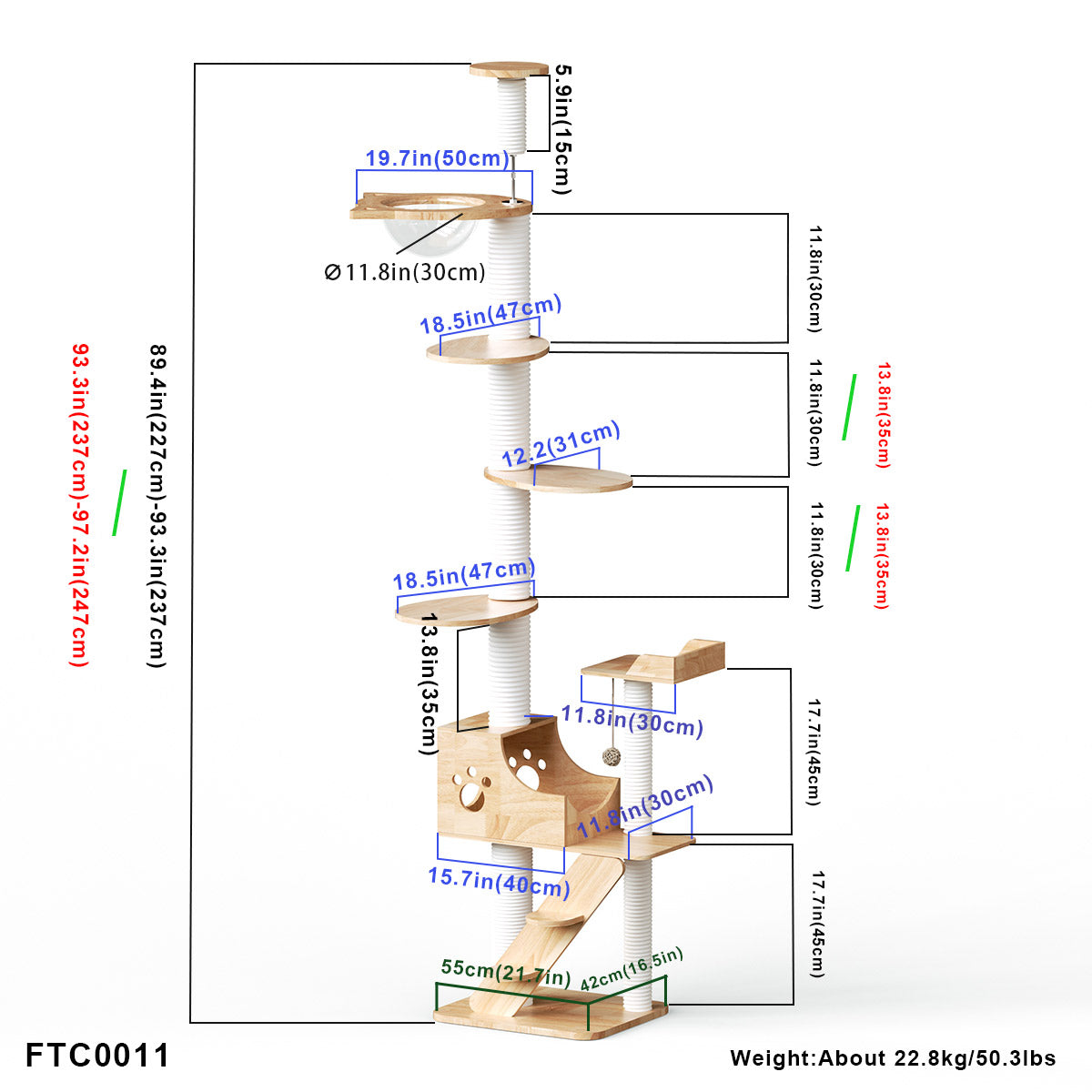 PETOMG Floor to Ceiling Cat Tree, Rubber Wood, No Drilling, Adjustable Height (89.4'' - 109'')