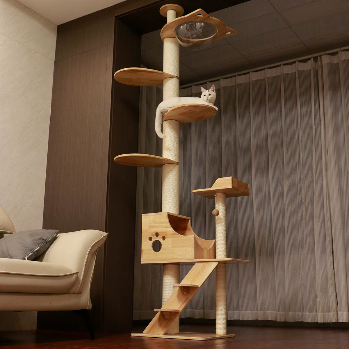 PETOMG Floor to Ceiling Cat Tree, Rubber Wood, No Drilling, Adjustable Height (89.4'' - 109'')