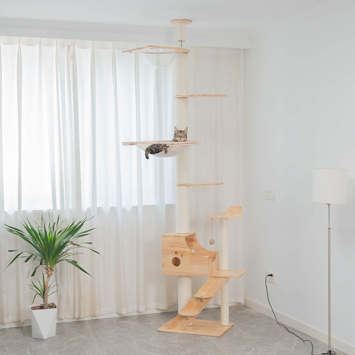 PETOMG Árbol para Gatos de Piso a Techo, Madera de Caucho, sin Perforaciones, Altura Ajustable (230 cm - 280 cm)