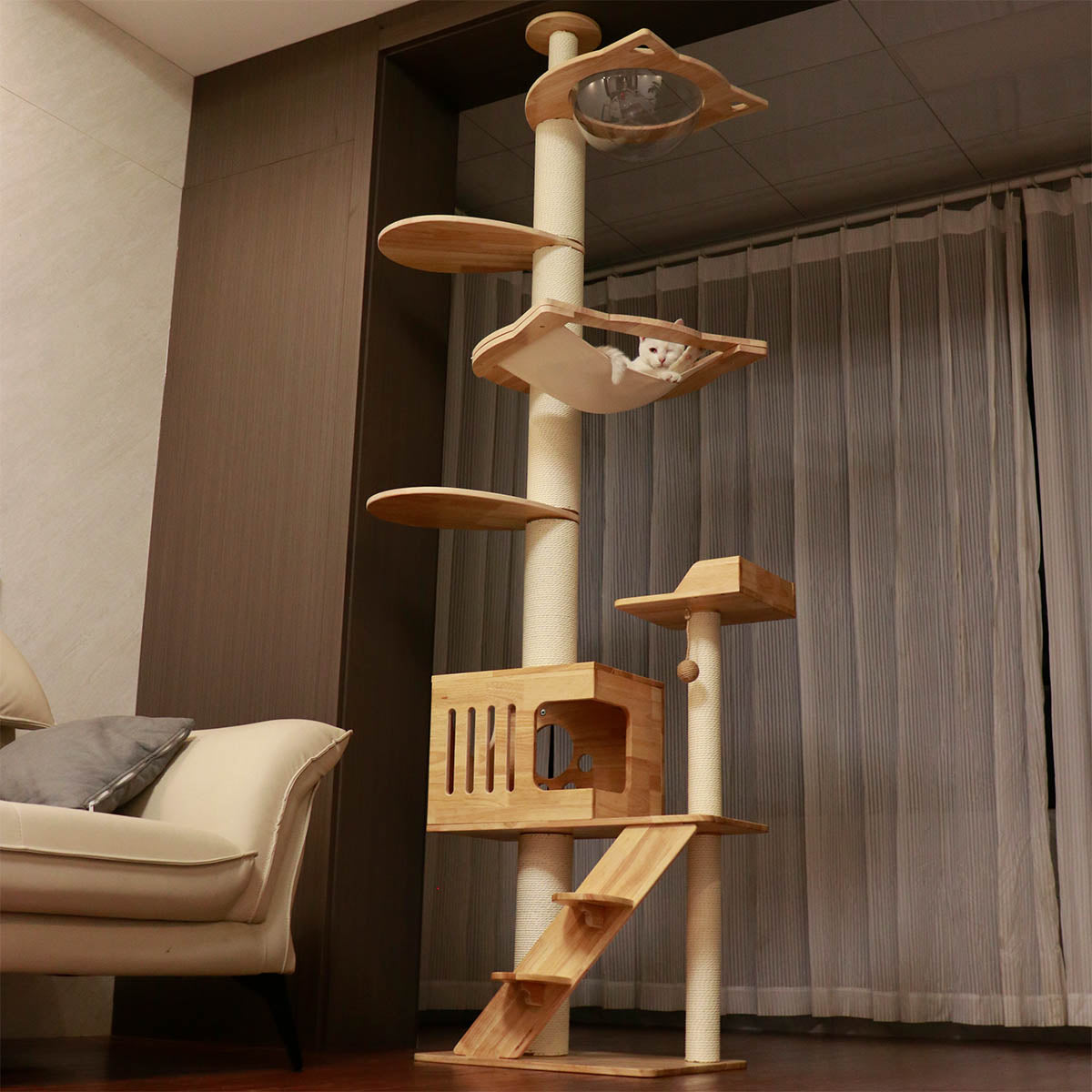 PETOMG Árbol para Gatos de Piso a Techo, Madera de Caucho, sin Perforaciones, Altura Ajustable (230 cm - 280 cm)