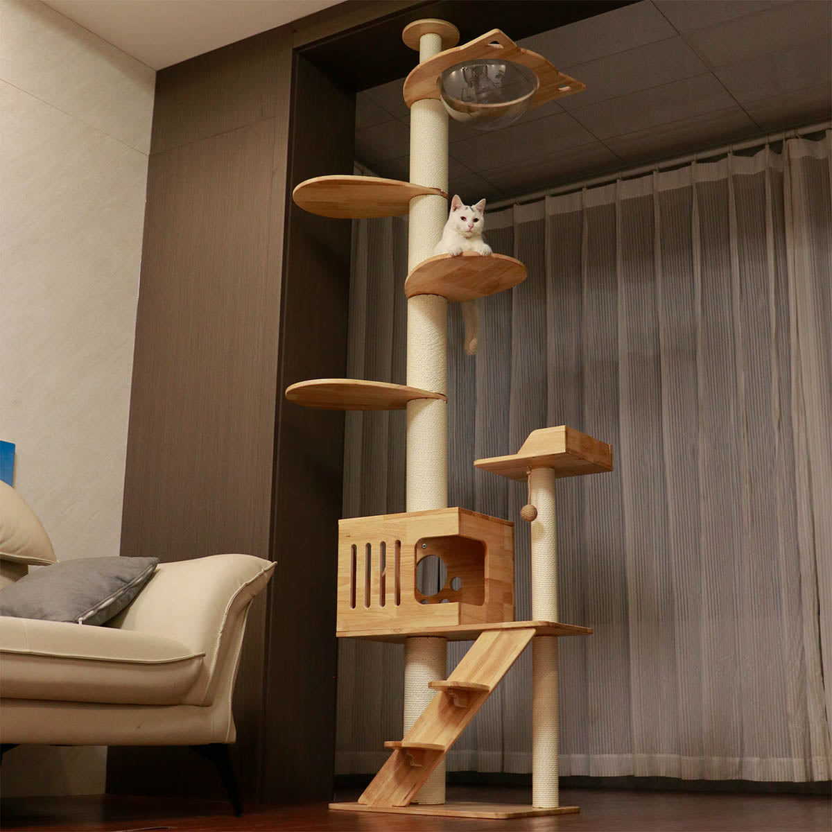 PETOMG Cat Tree Floor to Ceiling, Rubber Wood, No Drilling, Adjustable Height(89.4'' - 109'')