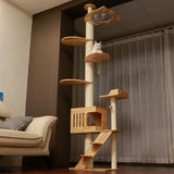 PETOMG Árbol para Gatos de Piso a Techo, Madera de Caucho, sin Perforaciones, Altura Ajustable (230 cm - 280 cm)