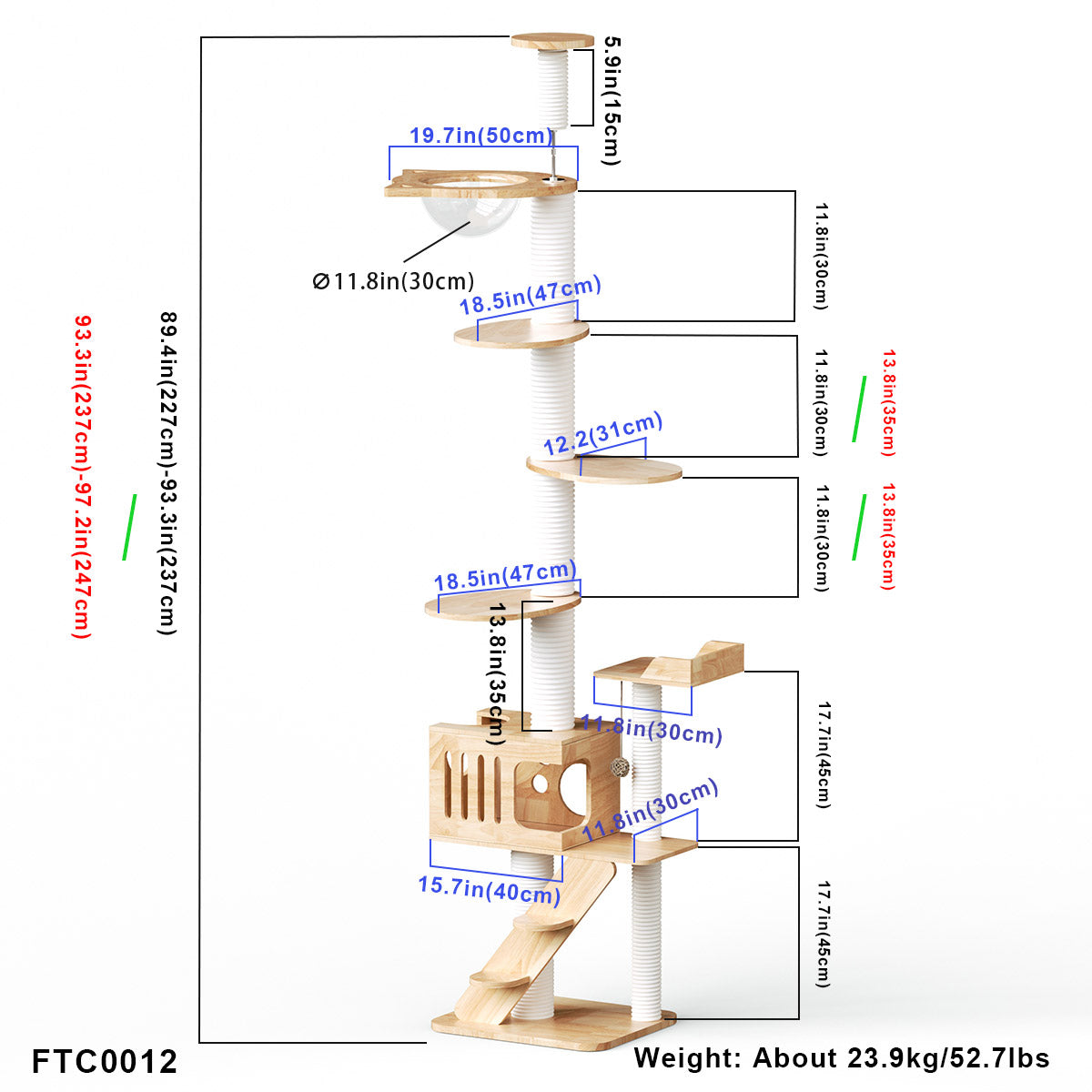 PETOMG Cat Tree Floor to Ceiling, Rubber Wood, No Drilling, Adjustable Height(89.4'' - 109'')