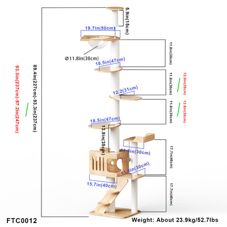 PETOMG Árbol para Gatos de Piso a Techo, Madera de Caucho, sin Perforaciones, Altura Ajustable (230 cm - 280 cm)