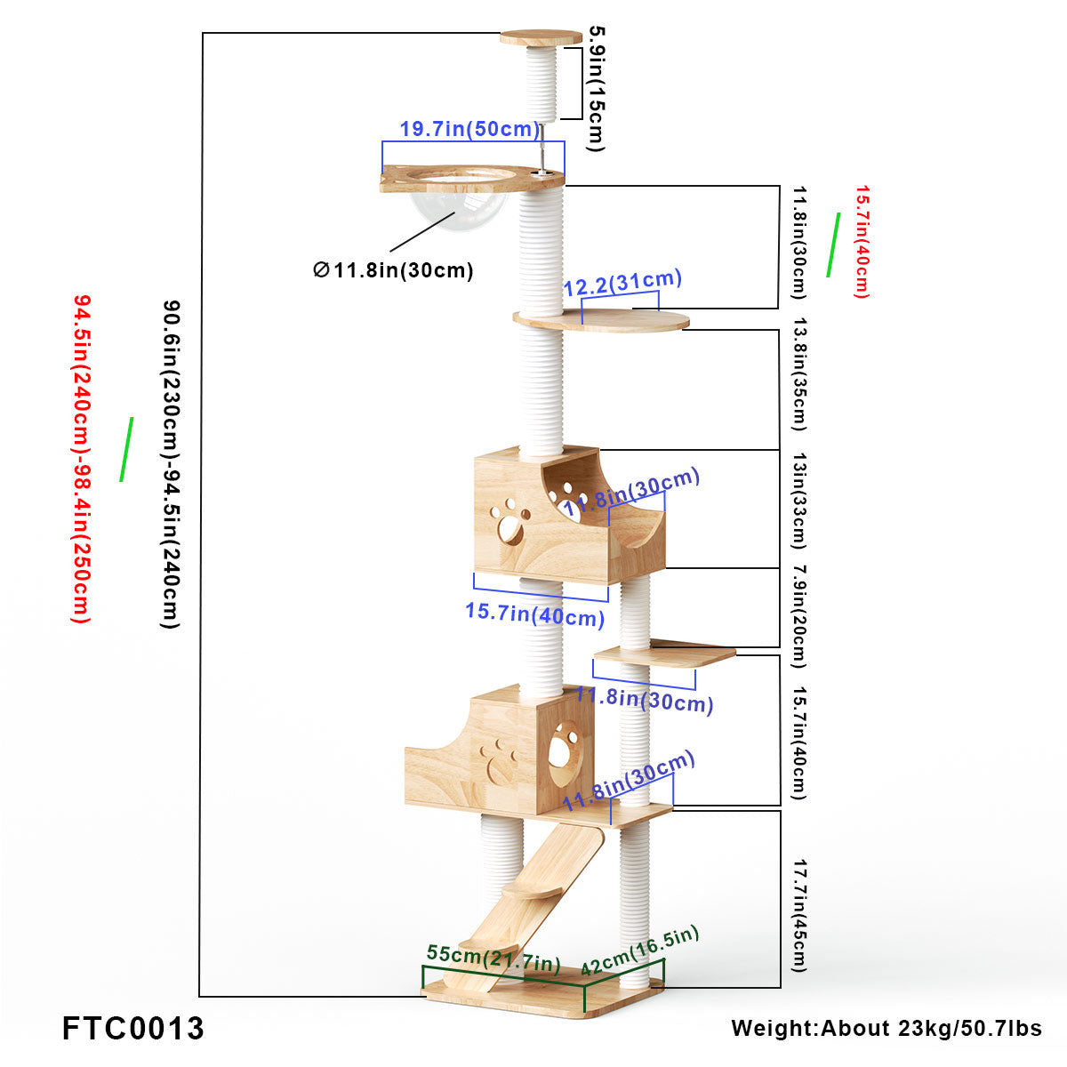 PETOMG Rubber Wood Ceiling to Floor Cat Tree, No Drilling, Adjustable Height (90.6'' - 110.2'')