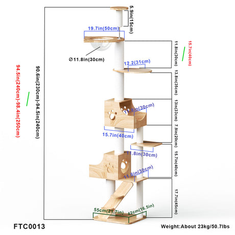 PETOMG Árbol para Gatos de Techo a Suelo de Madera de Goma, sin Perforaciones, Altura Ajustable (230 cm - 280 cm)