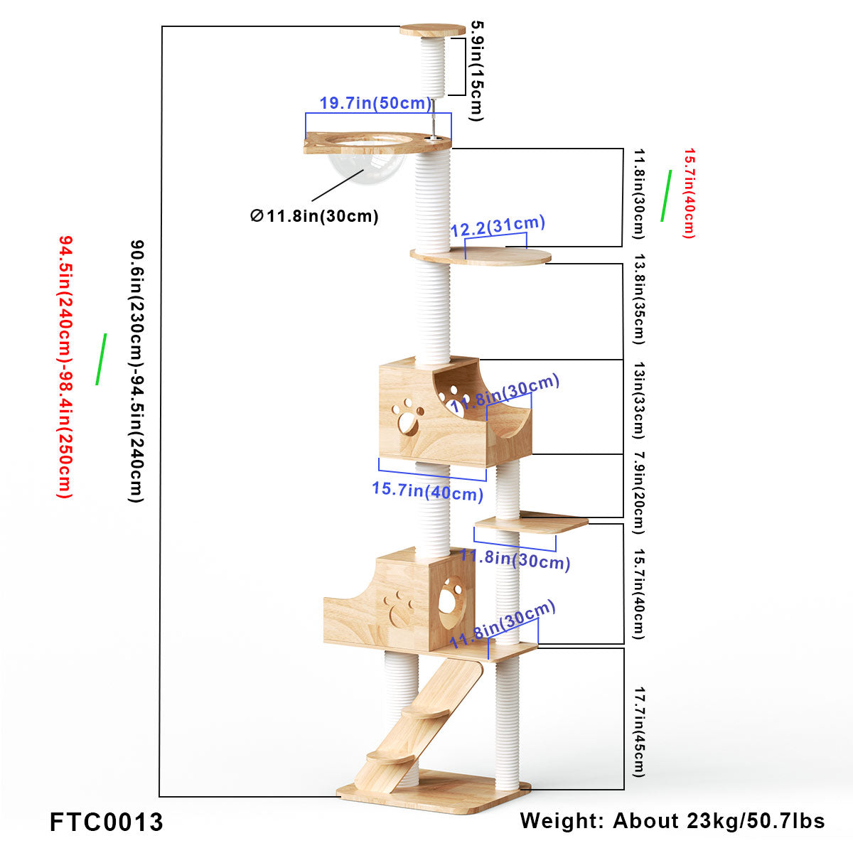 PETOMG Árbol para Gatos de Techo a Suelo de Madera de Goma, sin Perforaciones, Altura Ajustable (230 cm - 280 cm)