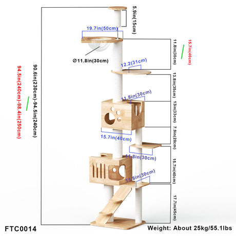 PETOMG Ceiling to Floor Cat Tree, Rubber Wood, No Drilling, Adjustable Height (90.6'' - 110.2'')