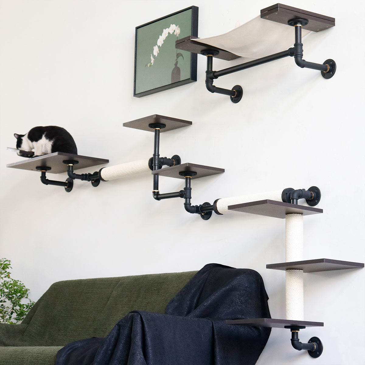 Cat Wall Shelves | Modern Industrial Style | Smoked Rubberwood | Sturdy and Stable