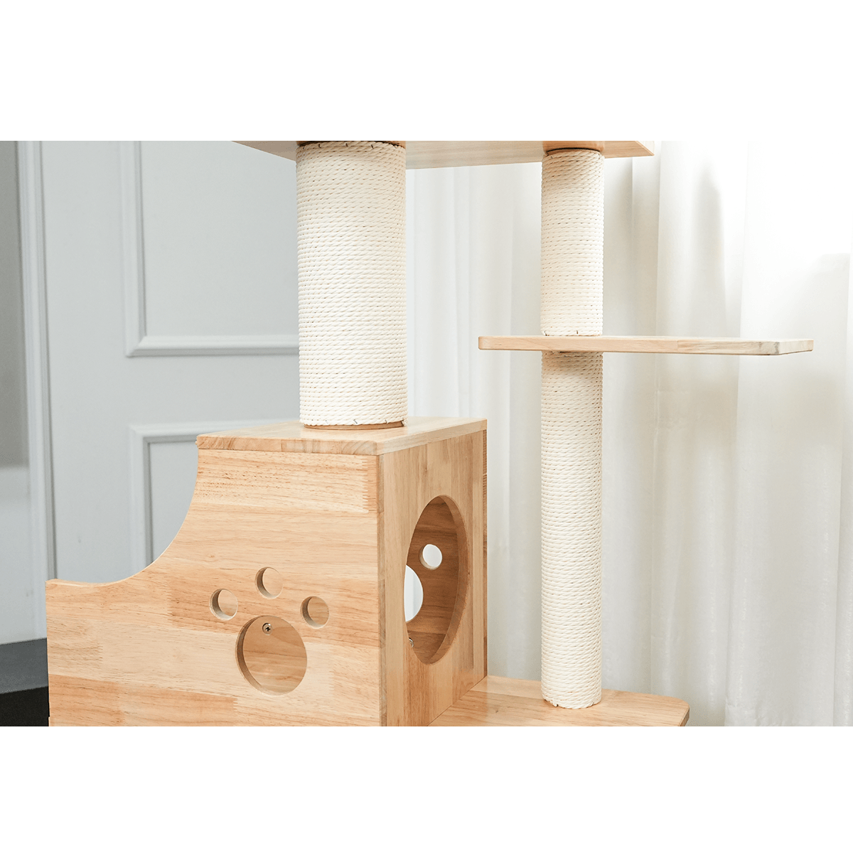 PETOMG Árbol para Gatos de Techo a Suelo de Madera de Goma, sin Perforaciones, Altura Ajustable (230 cm - 280 cm)