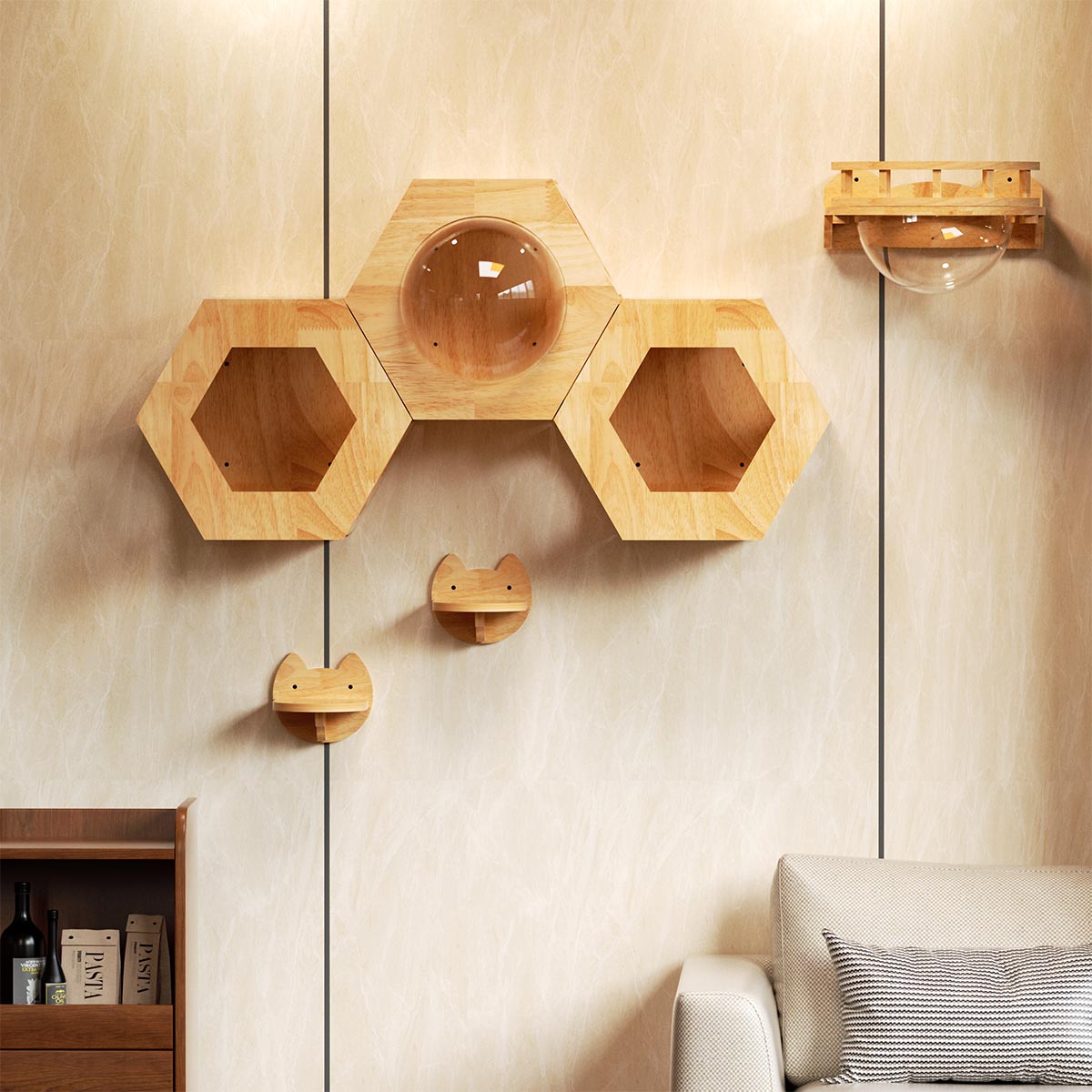 Hexagon Cat Shelves, Wall Mounted Cat Furniture | Rubber Wood