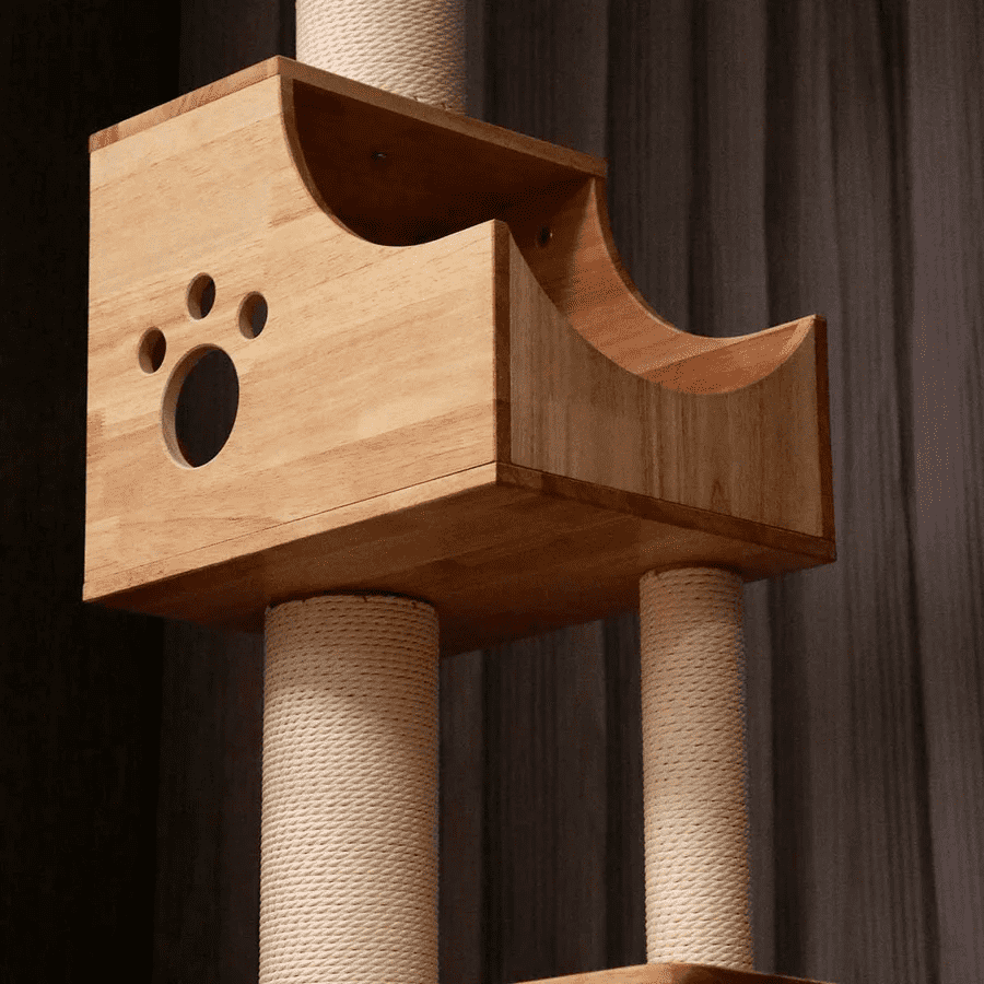 PETOMG Rubber Wood Floor to Ceiling Cat Tree, No Drilling, Adjustable Height(90.6'' - 110.2'')