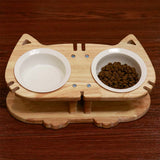 PETOMG Cat Bowls, Elevated Cat Bowl, Ceramic Cat Bowls, Raised Cat Food Bowls | Rubberwood