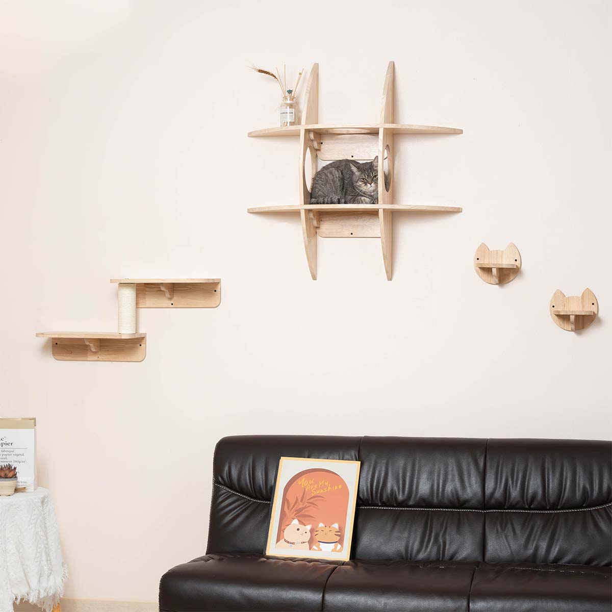 PETOMG Paseos para gatos, Muebles de pared para gatos, Montado en la pared para gatos | Juego de pared para gatos | Madera de caucho