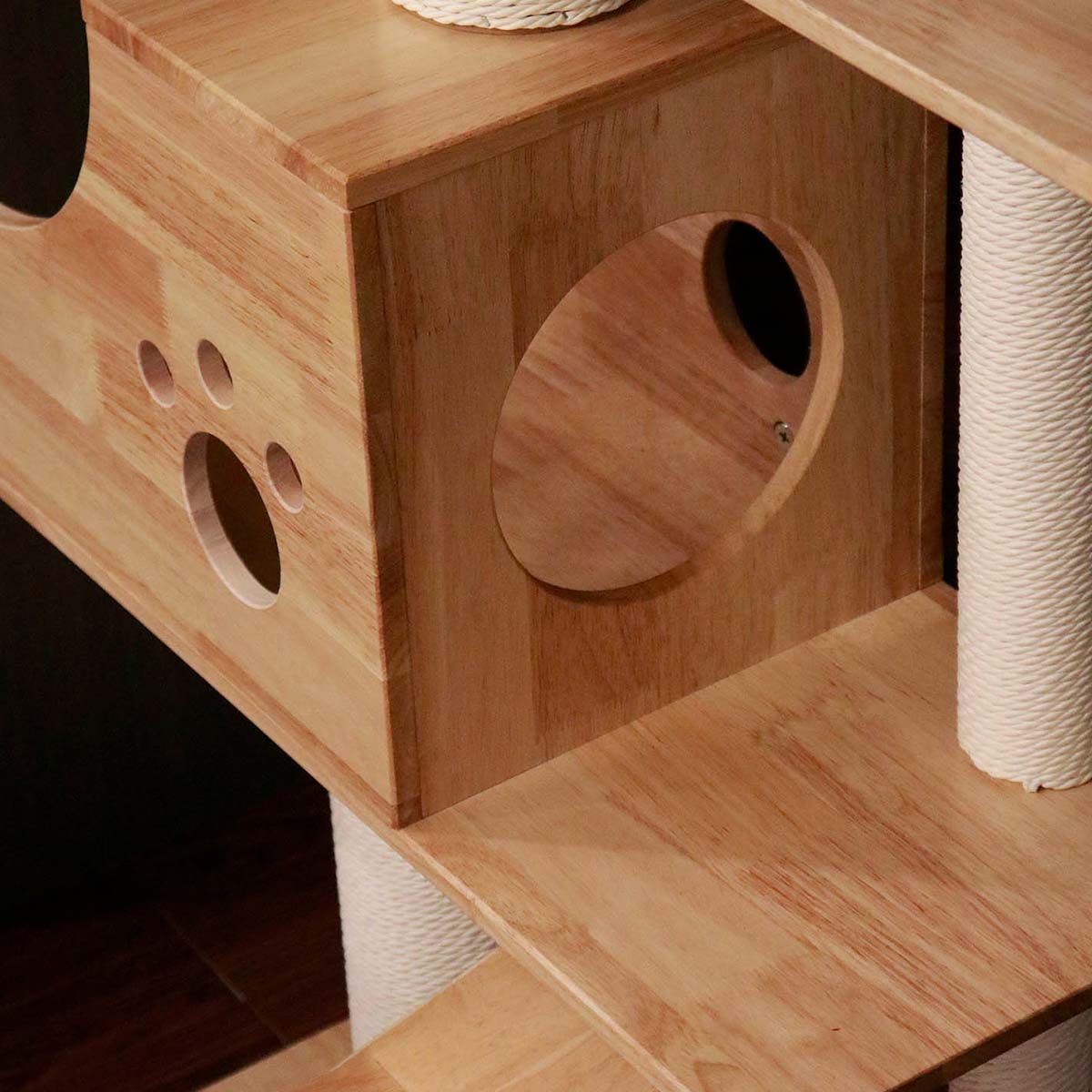 PETOMG Rubber Wood Ceiling to Floor Cat Tree, No Drilling, Adjustable Height (90.6'' - 110.2'')