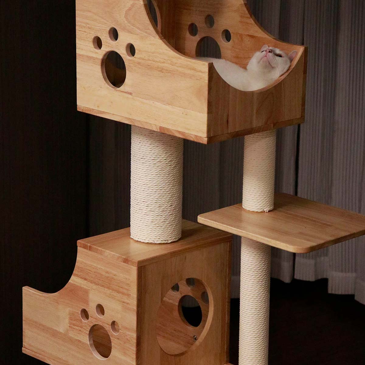 PETOMG Rubber Wood Ceiling to Floor Cat Tree, No Drilling, Adjustable Height (90.6'' - 110.2'')