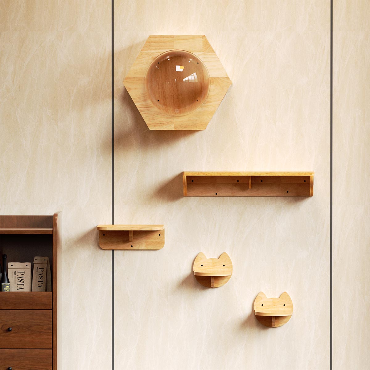 Hexagon Cat Shelf Set(Wall Mounted) | Rubber Wood