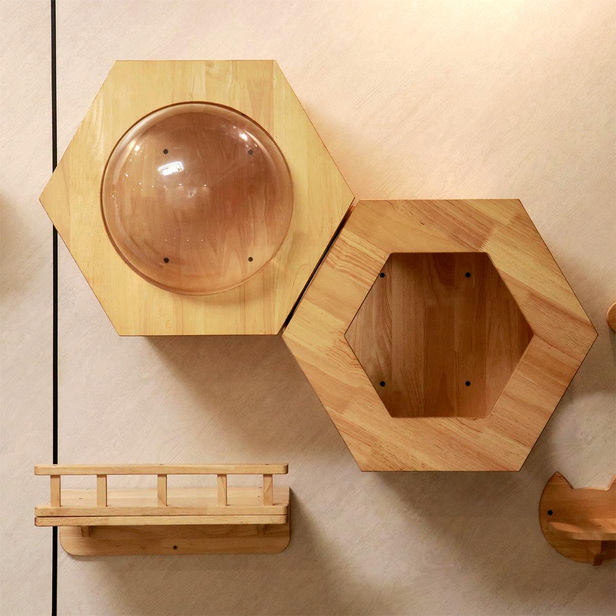 Hexagonal Wall-Mounted Cat Furniture Set | Modular Design with Transparent Domes | Perfect for Active Cats