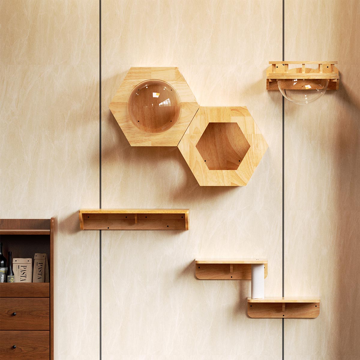 Juego de estantes hexagonales para gatos montados en la pared | Madera de caucho