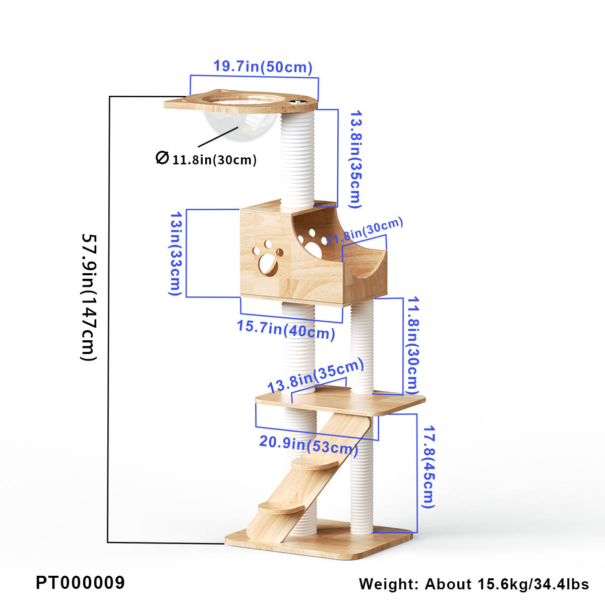 PETOMG Rubber Wood Modern Cat Tree 21.7''*16.5''*57.9''