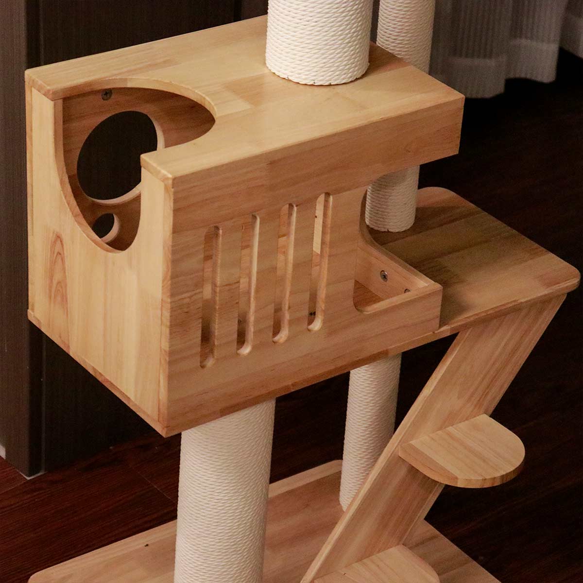 PETOMG Ceiling to Floor Cat Tree, Rubber Wood, No Drilling, Adjustable Height (90.6'' - 110.2'')