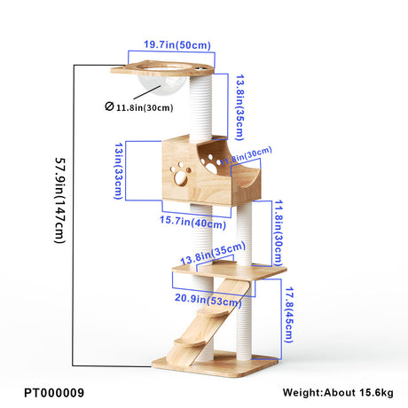 PETOMG Rubber Wood Modern Cat Tree 55*42*147 cm