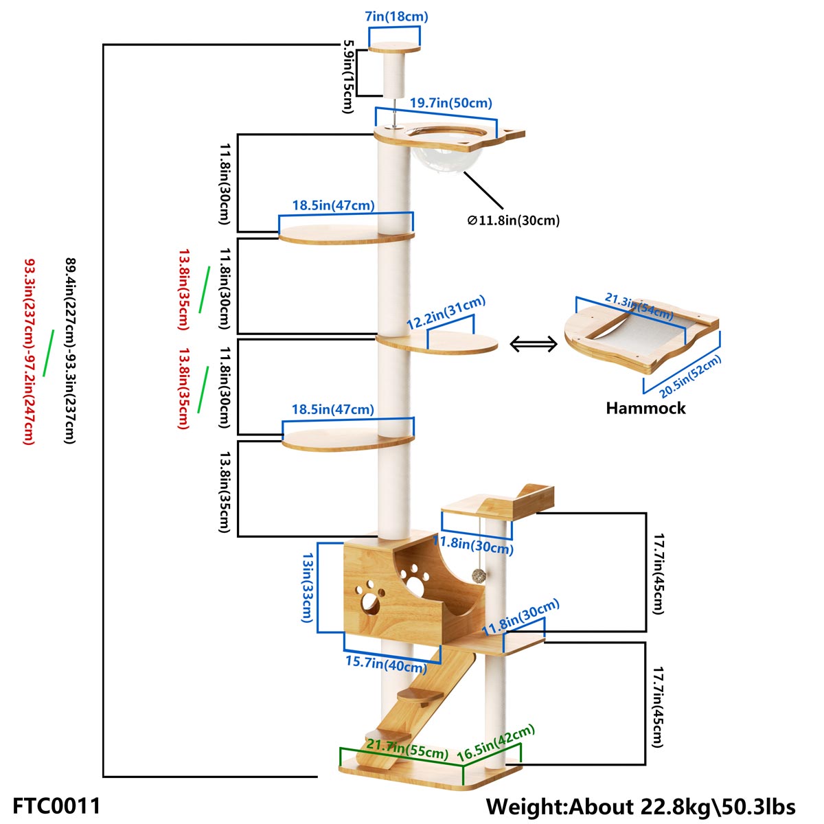 PETOMG Árbol para Gatos de Piso a Techo, Madera de Caucho, sin Perforaciones, Altura Ajustable (230 cm - 280 cm)