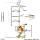 PETOMG Árbol para Gatos de Piso a Techo, Madera de Caucho, sin Perforaciones, Altura Ajustable (230 cm - 280 cm)